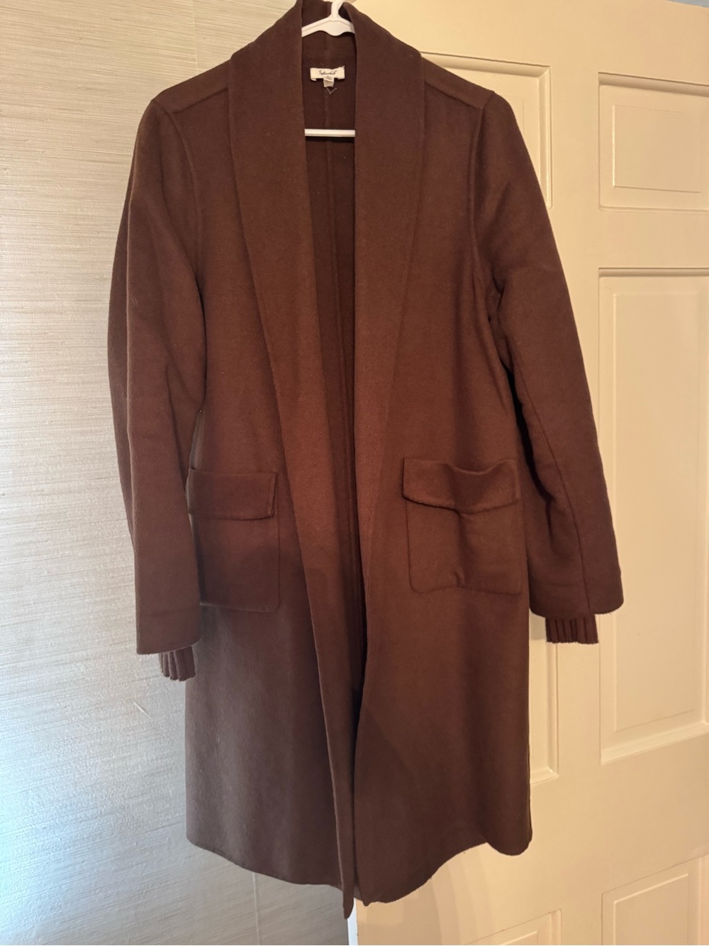 Splendid Brown Open-Front Shawl Collar Trench Coat